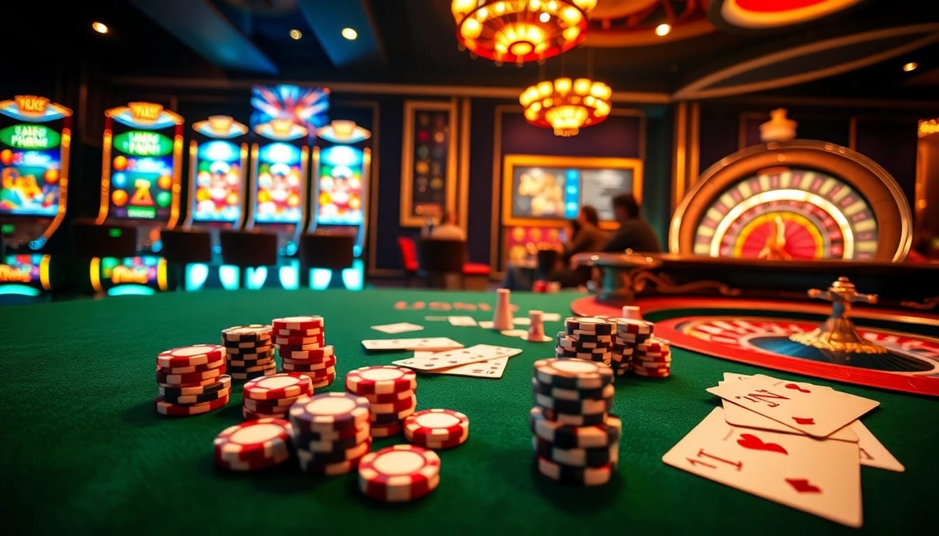 Experience thrilling gaming action at PS99 COM with vibrant casino tables, slot machines, and poker chips.