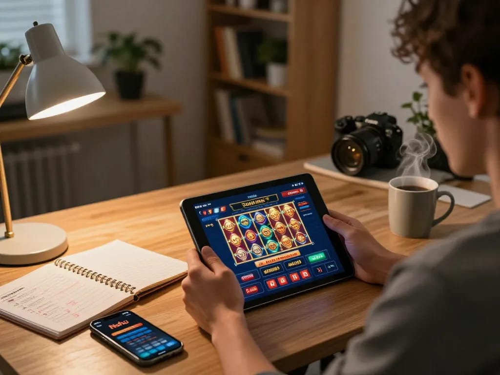 Nohu online casino gaming setup with a player enjoying slots while studying strategies in a cozy home environment.