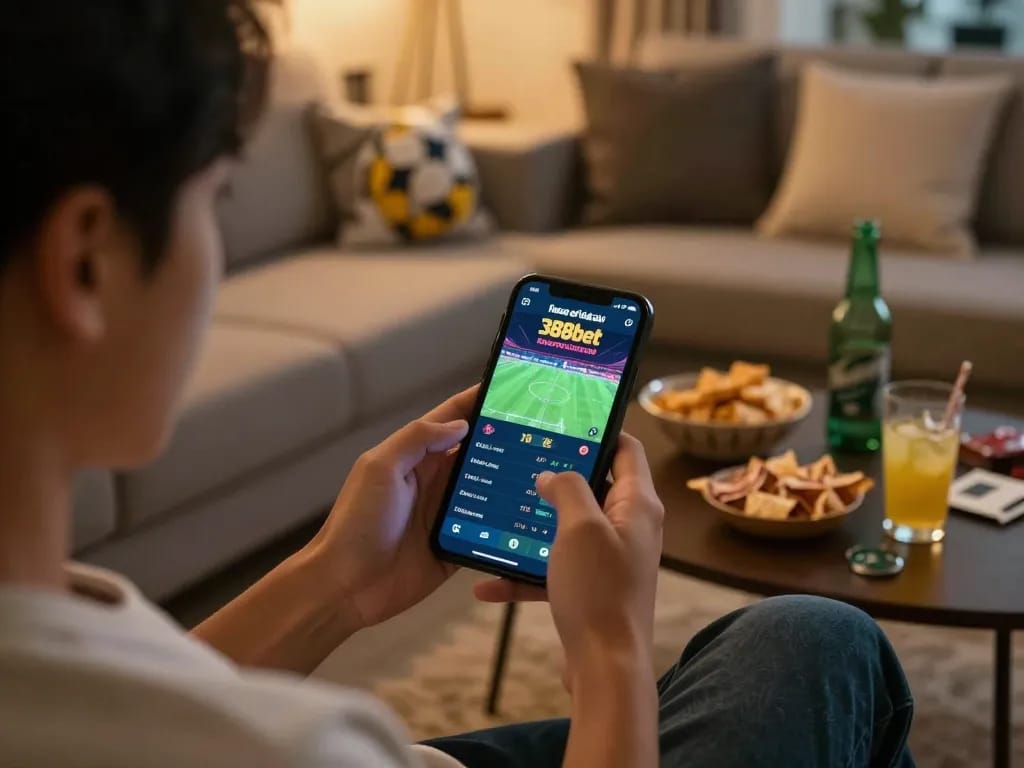 Engaging in live betting with nhà cái 388bet on a mobile device in a cozy home setting