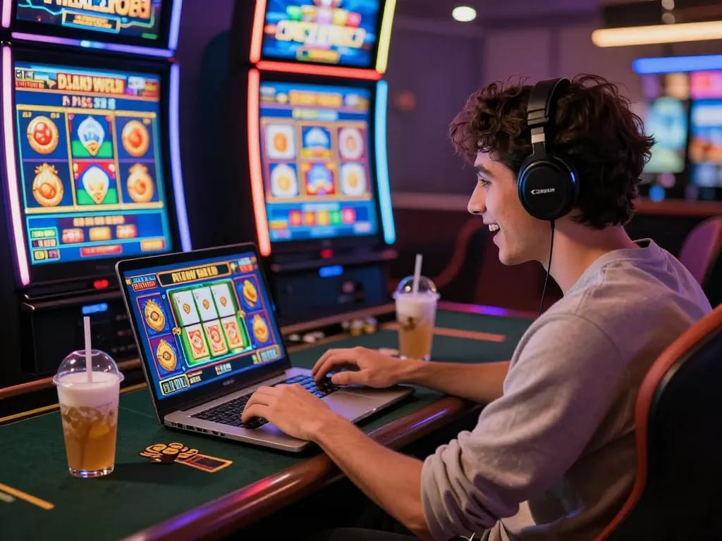 Excited user engaging with https://nohu78.de.com online gaming platform, vibrant graphics, and exciting atmosphere.
