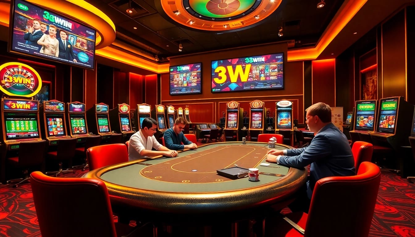 Immersive casino atmosphere at https://33win.education/ highlighting players in action with slot machines and poker tables.