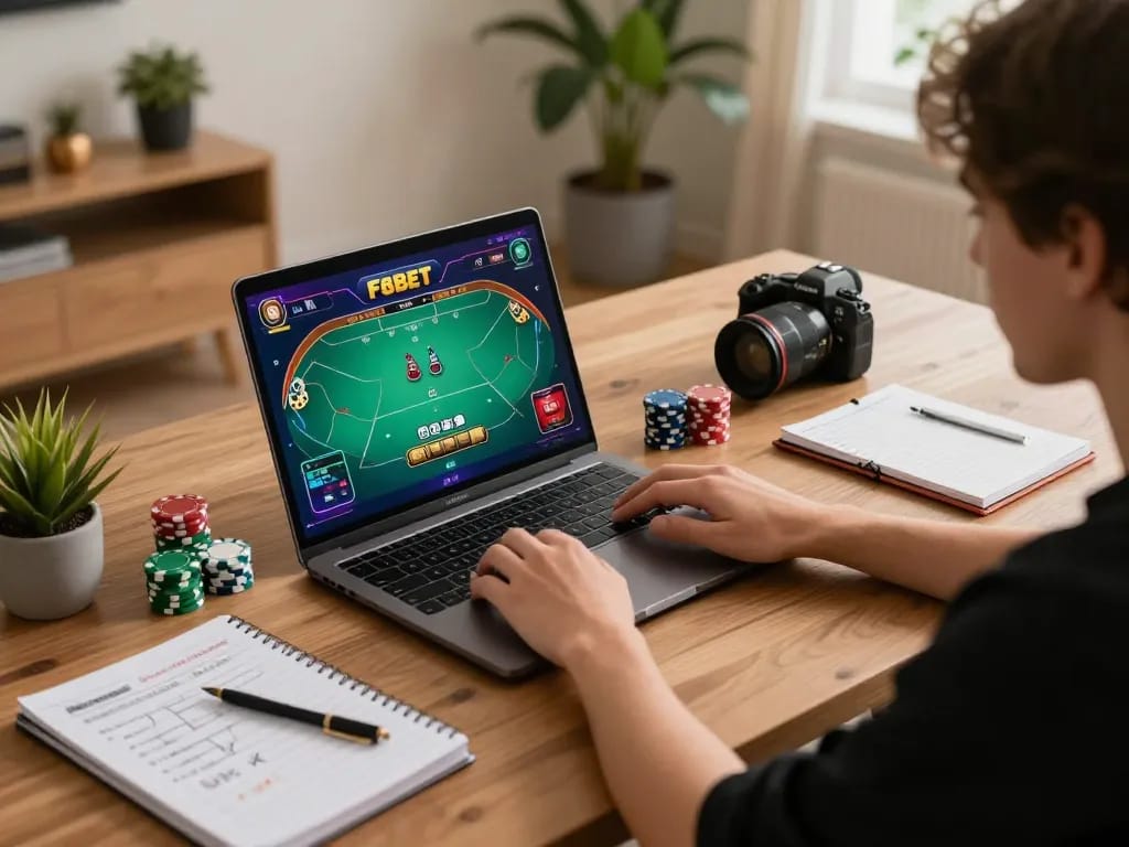 Engaging online gaming experience with F8BET on laptop, showcasing poker strategy