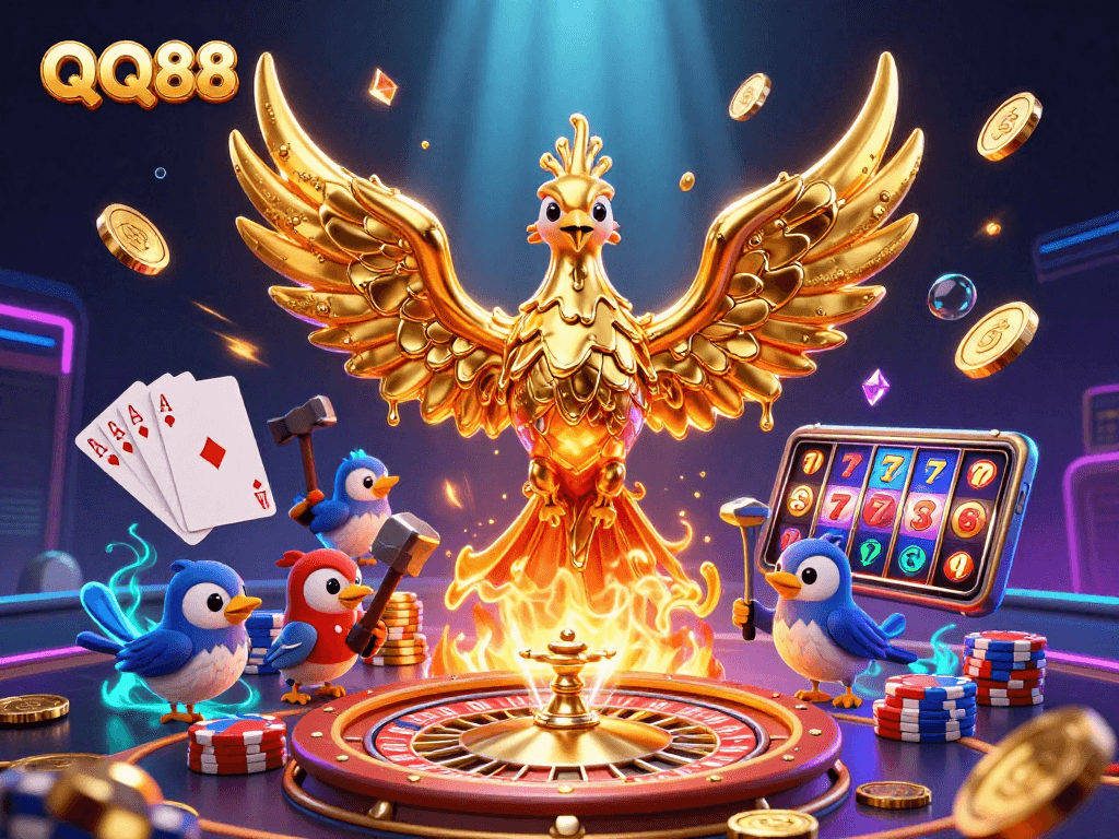 Engage with QQ88's vibrant casino experience, featuring golden phoenixes and dynamic gaming elements.