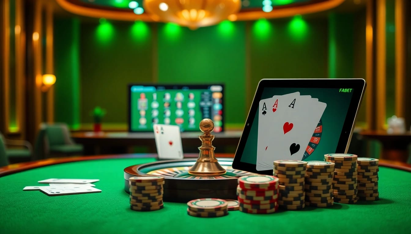 Experience the excitement of trang chủ f8bet chính thức with a vibrant casino scene featuring roulette and poker.