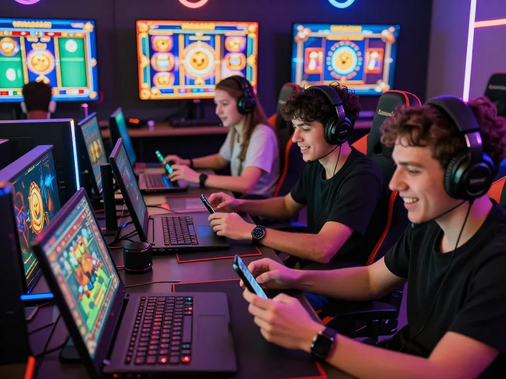 Nổ Hũ Online players engaged in exciting jackpot games, showcasing a vibrant online gaming atmosphere filled with modern devices and colorful graphics.