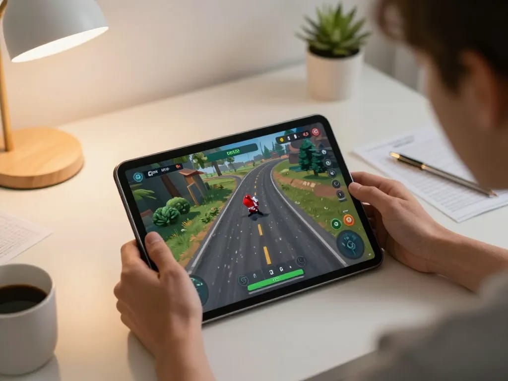 Gioco coinvolgente con Chicken Road recensioni su un tablet in un accogliente setup da gioco, enfatizzando l'eccitazione.