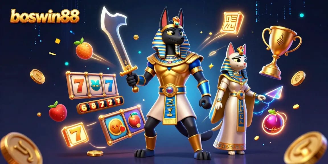 Mengakses boswin88 untuk bermain slot dengan jackpot dan karakter Anubis serta Bastet dalam ilustrasi 3D yang dinamis.