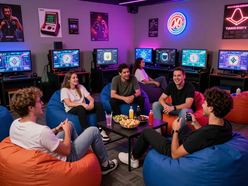 Group enjoying mind control porn-themed games in an urban gaming lounge, vibrant atmosphere.