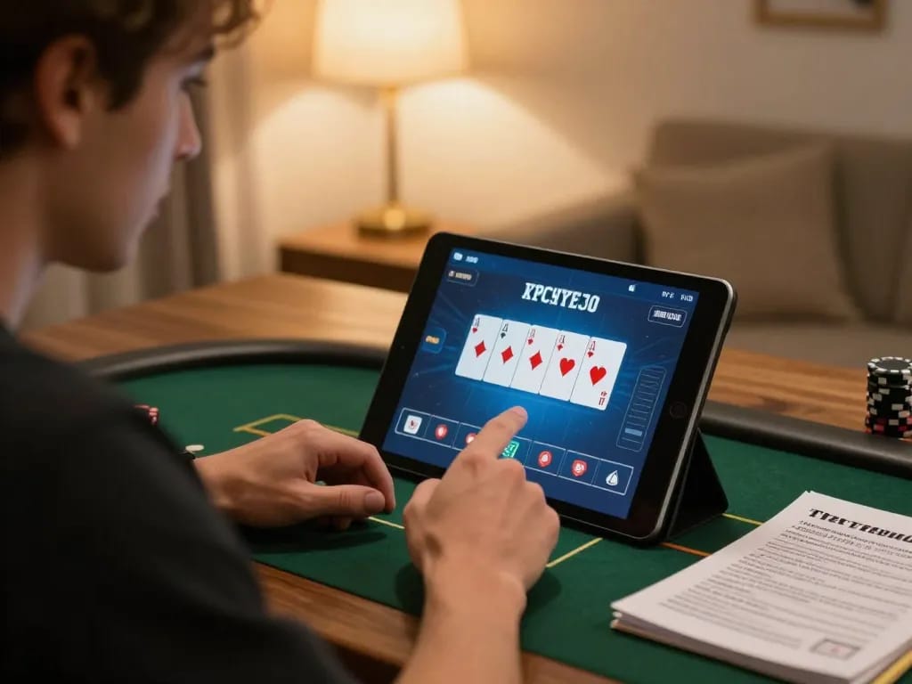 Player enjoying a Jun88 poker game on tablet, bright home environment, strategic gaming.