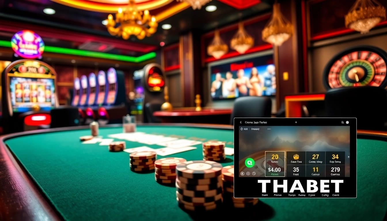Experience the excitement of THABET at a vibrant casino with poker and roulette tables.
