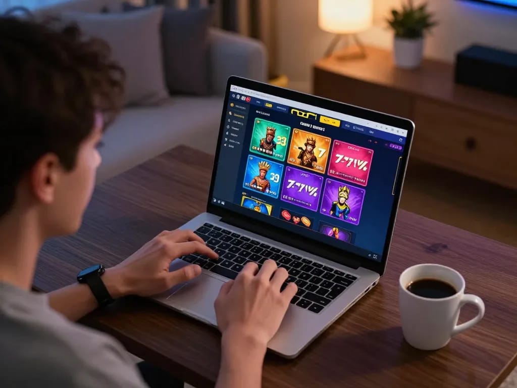 Player engaging in a thrilling 77WIN online casino game at home, showcasing an immersive gaming experience