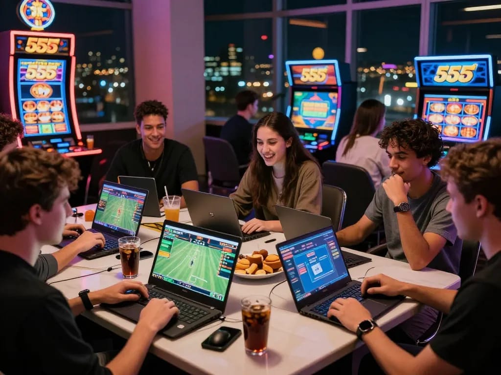 Friends enjoying a vibrant online gaming night with 555win branding in a lively atmosphere.