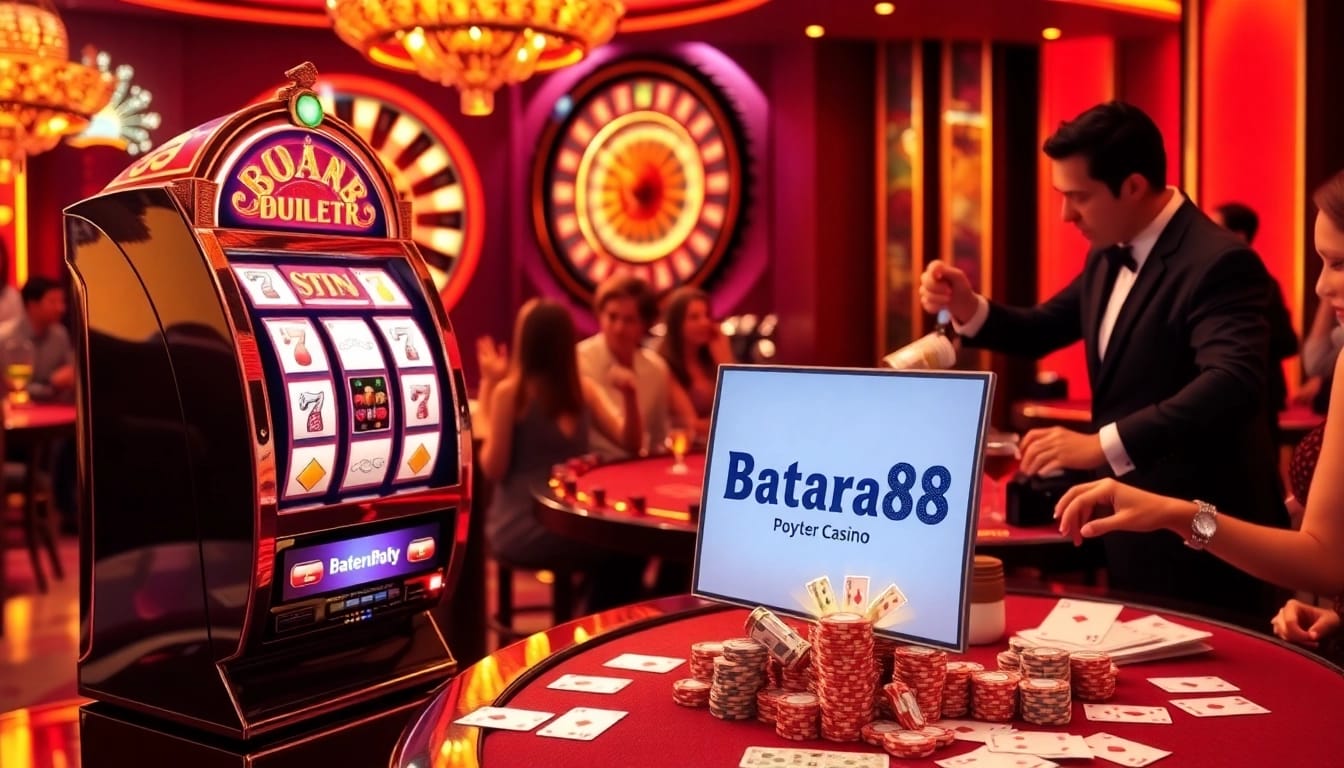 Experience the excitement at Batara88 with a lively casino scene featuring slots and poker action.