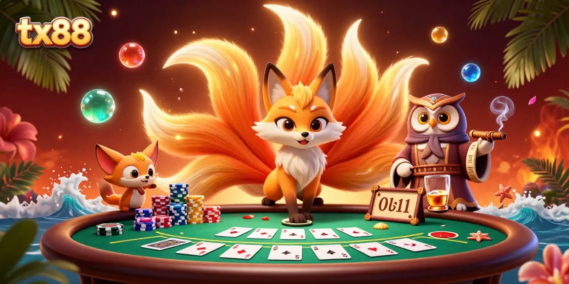 Engage in winning strategies at tx88 with a vibrant scene featuring a nine-tailed fox and a wise owl sage.
