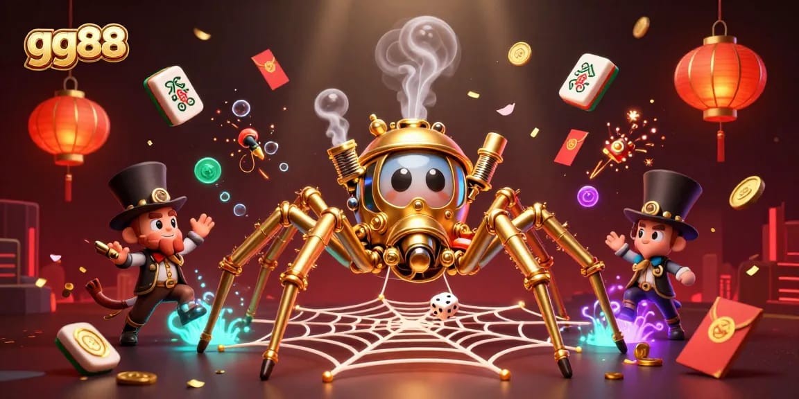 Engage in iconic gambling fun as gg88's steampunk spider captures luck with intricate dice webs.