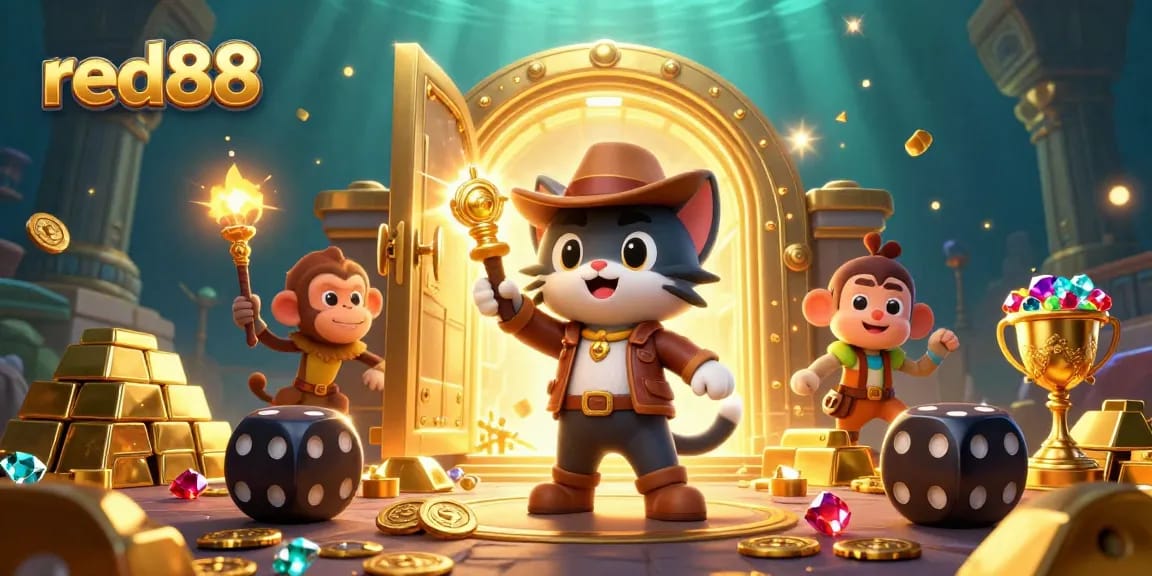 Engage with red88 as an explorer cat and monkey uncover treasures in the thrilling casino adventure.