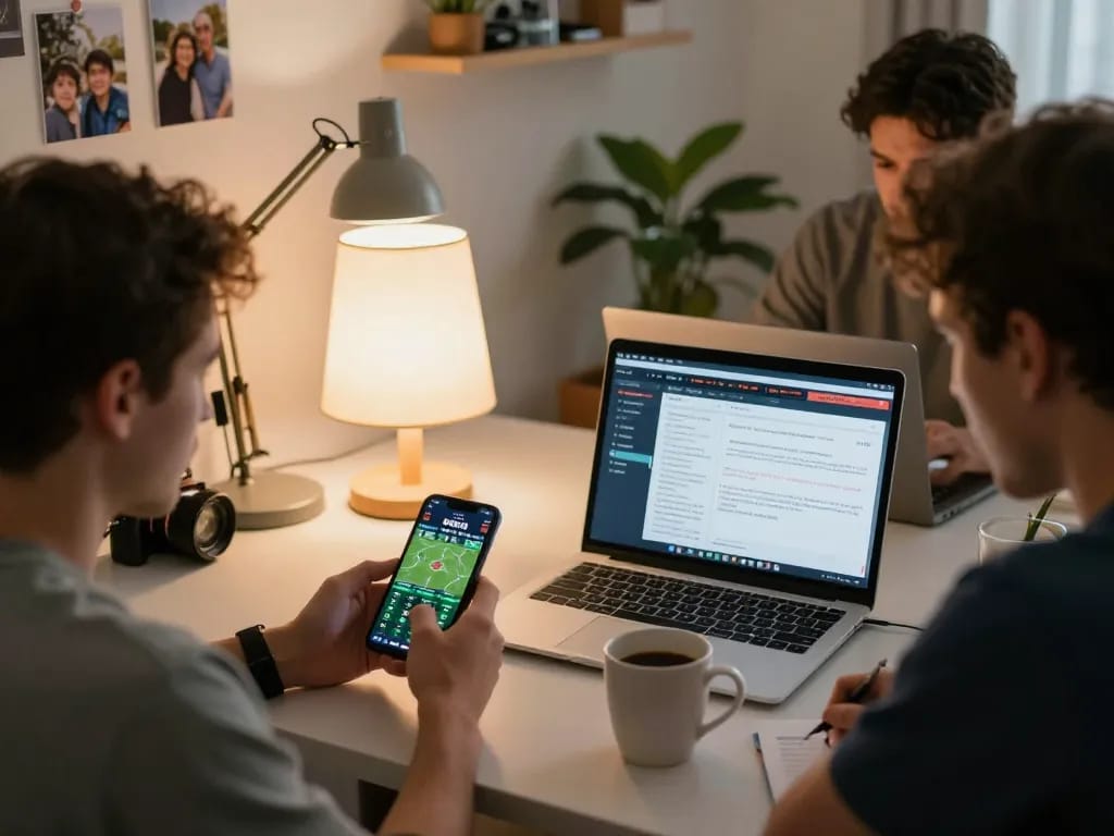 MM88 ZO users engaging in live betting on their smartphones, showcasing a dynamic home gaming atmosphere.
