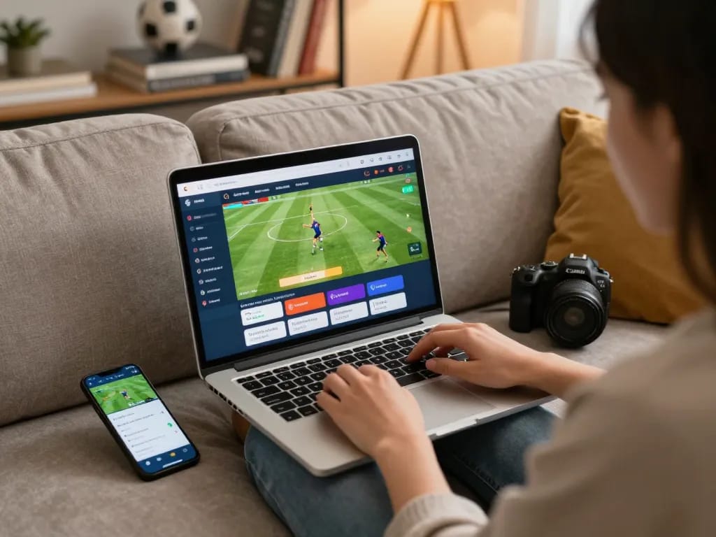 Watch online sports betting on https://mm88.vin/ from a stylish home setup with engaging interfaces and warm lighting.