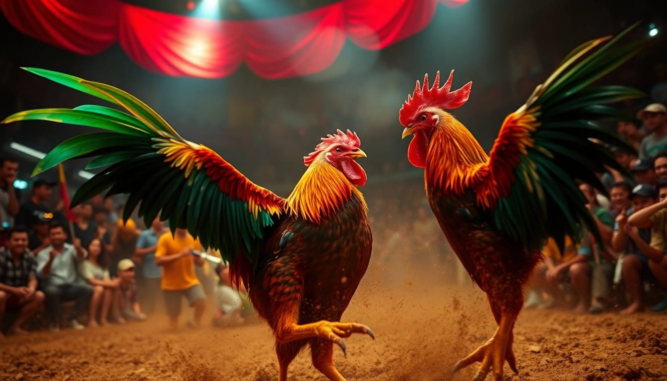 Live cockfighting at Sabong67.ac featuring colorful roosters and an energetic crowd.