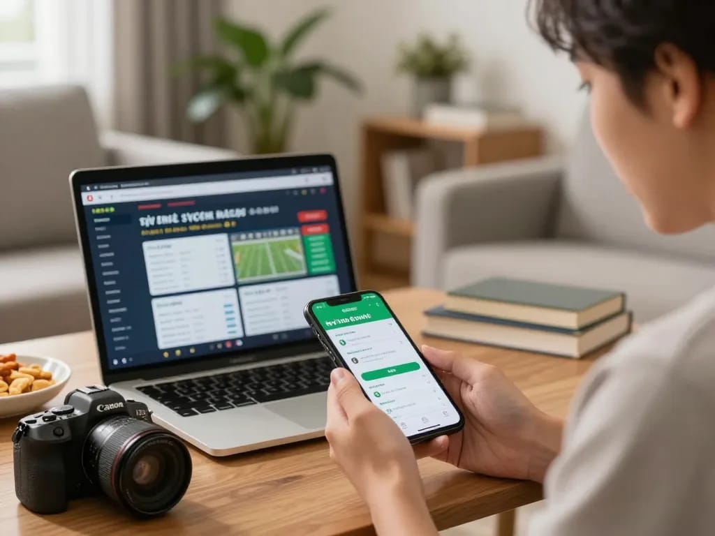 Engaging mobile sports betting on tỷ lệ kèo trực tuyến app within a cozy living room setting.