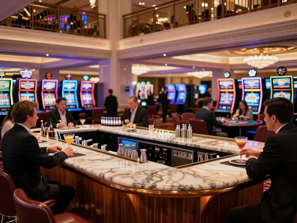 cm88z showcases stylish patrons enjoying cocktails in a luxurious casino bar setting while gaming excitement unfolds in the background.