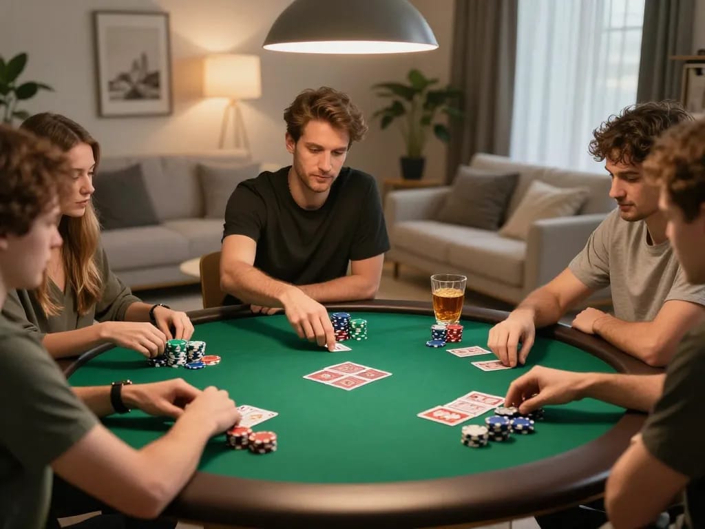 Kuwin đăng nhập with players engaging in an exciting poker game at home, showcasing a social atmosphere.