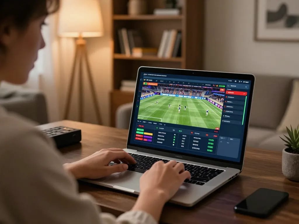 Engaging in sports betting on F88BET from a stylish home office, laptop displaying betting interface.