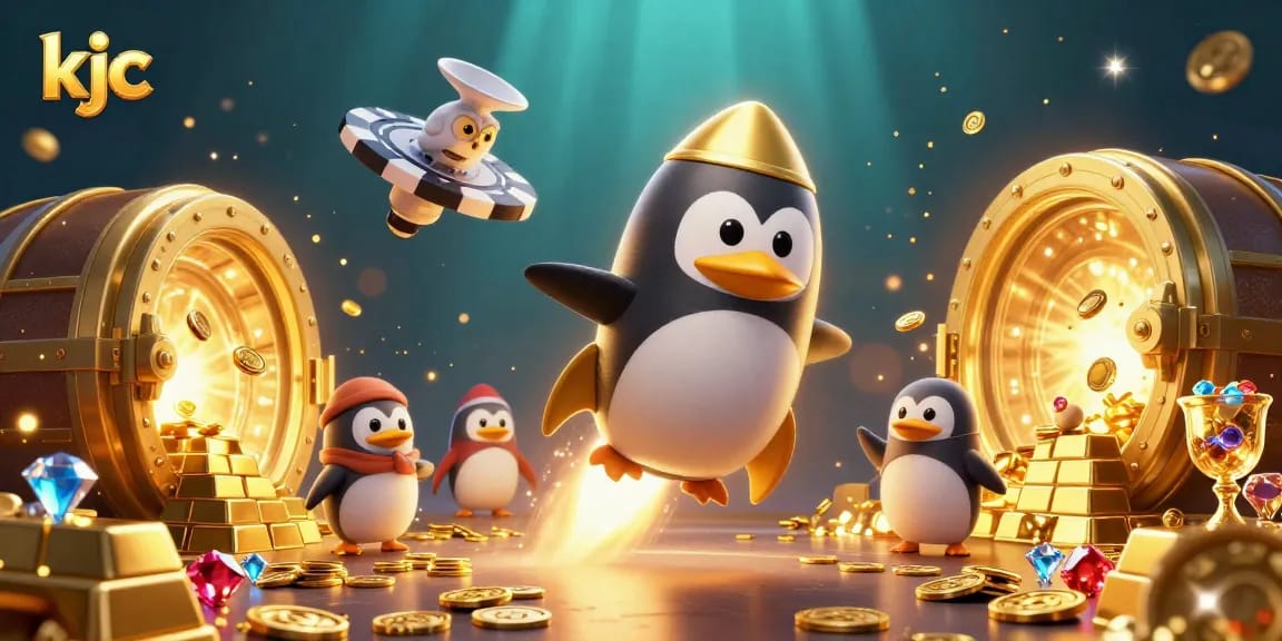 KJC penguin blasts towards a casino space station, surrounded by treasure and vibrant gems.