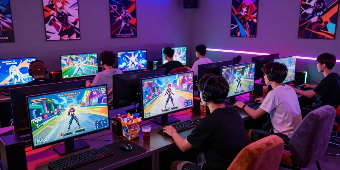 Group enjoying a thrilling hentai game session in a vibrant gaming lounge with anime visuals and engaging atmosphere.