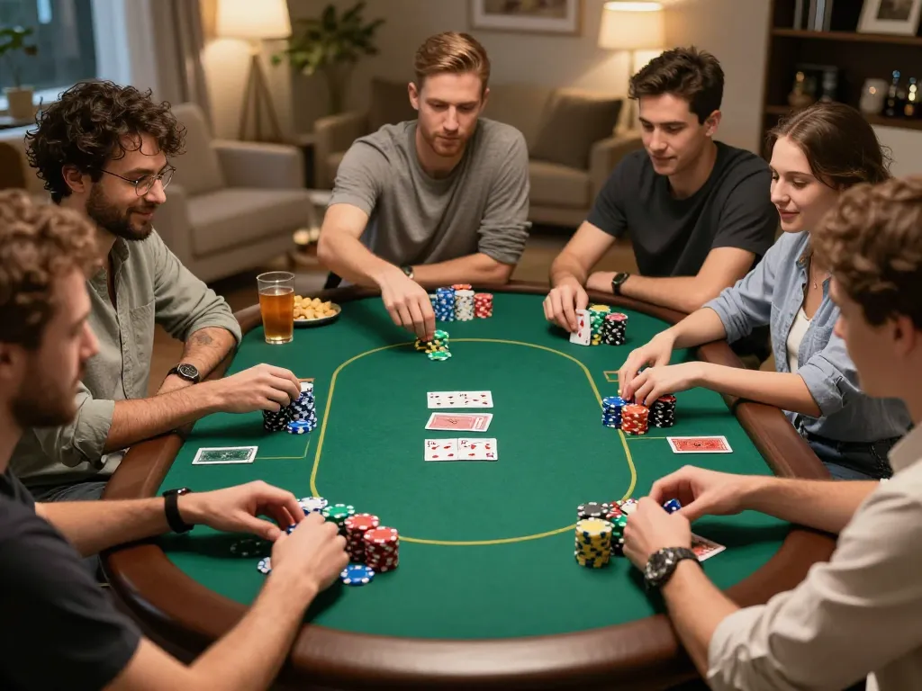 Players enjoying a lively poker game at home, showcasing the social aspect of gambling at nhà cái PG88.