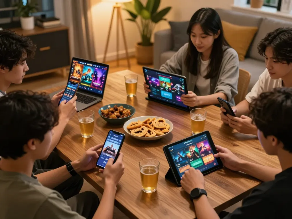 Engaged users playing 33win on mobile devices in a cozy home setting, showcasing vibrant gaming interface.