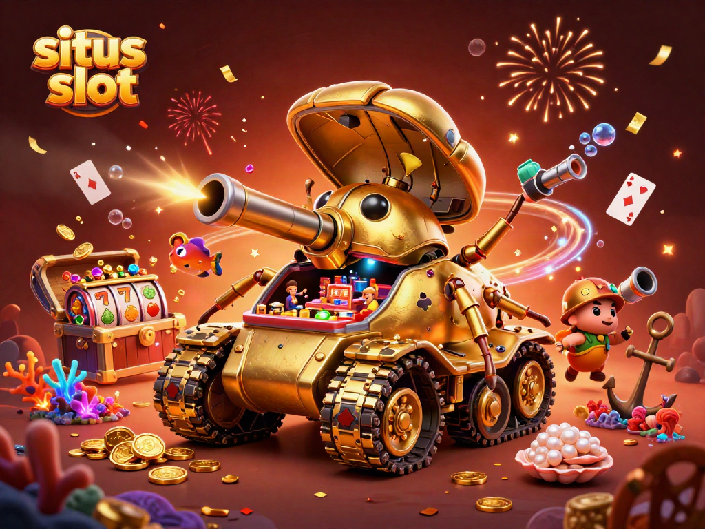 Engage with situs slot dynamics through a vibrant, festive 3D casino illustration featuring rich gaming elements.