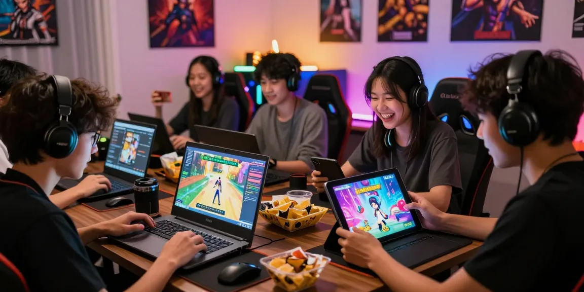 Group of friends enjoying free hentai games on various devices in a cozy gaming setup.