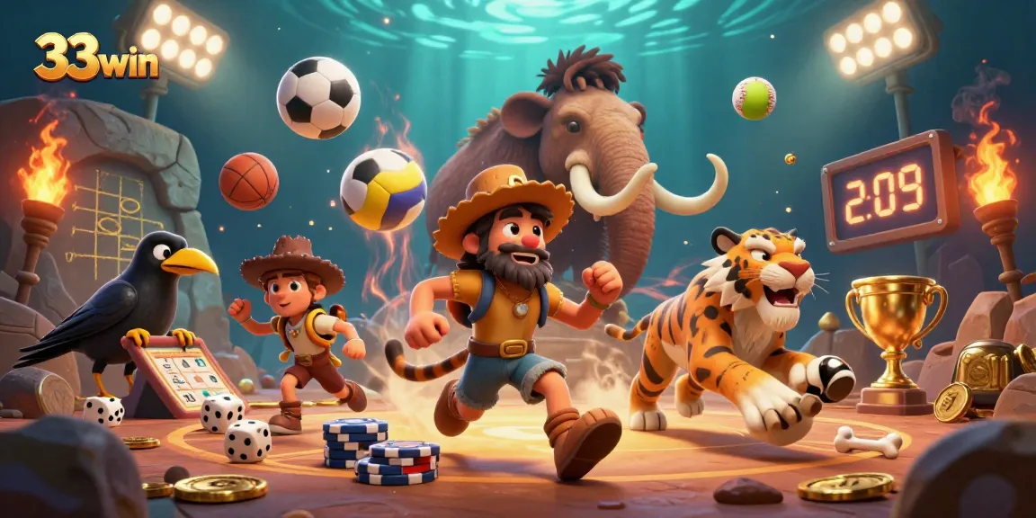 33win showcases a vibrant prehistoric casino managed by a caveman and sabertooth tiger, enriched with sports elements.