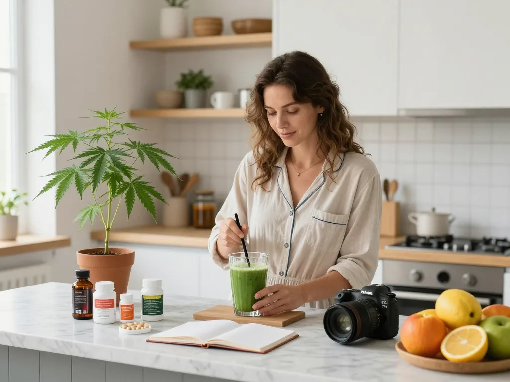 Sigarette elettroniche insieme a tintura di olio di CBD e ingredienti per smoothie salutari in una cucina luminosa.