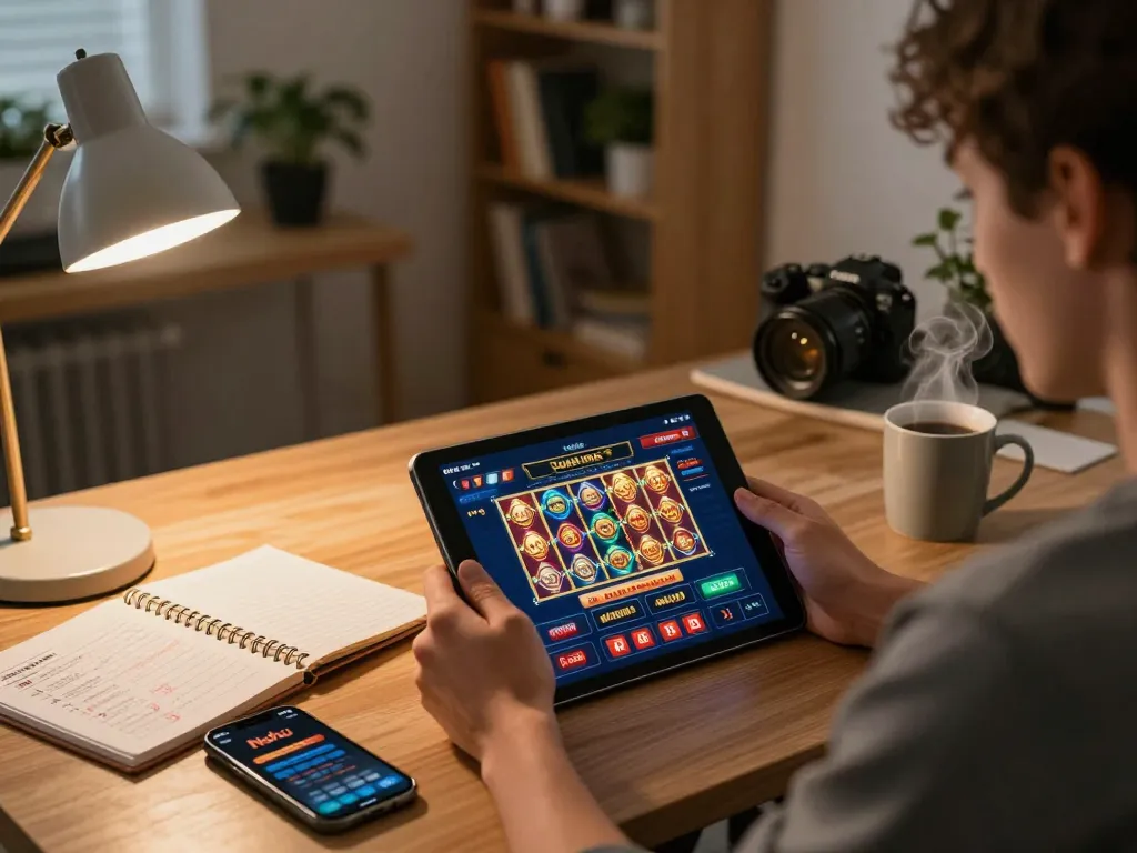Nohu online casino gaming setup with a player enjoying slots while studying strategies in a cozy home environment.