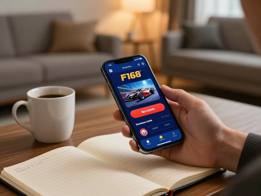 Engaging with the F168 casino app on a smartphone in a cozy living room for immersive gambling.