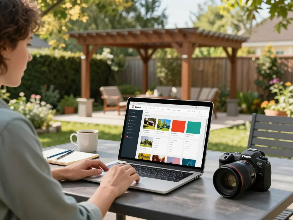 Utente impegnato nel configuratore pergole online a tavolo patio con sfondo giardino elegante.