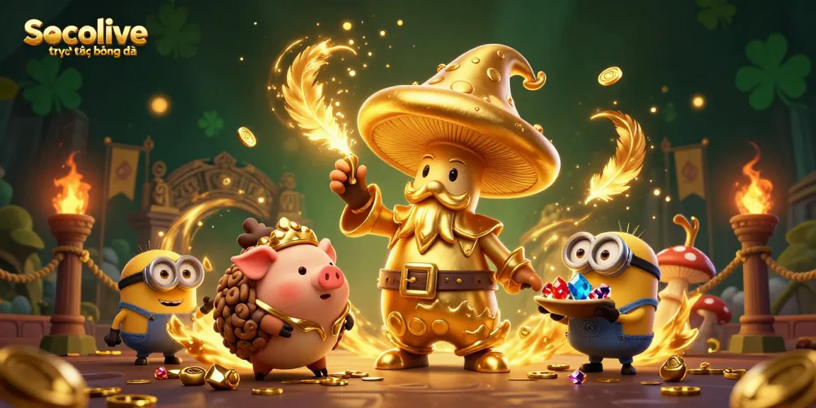 Socolive trực tiếp bóng đá showcases a vibrant, magical scene with a golden wizard and treasures surrounded by betting tokens.