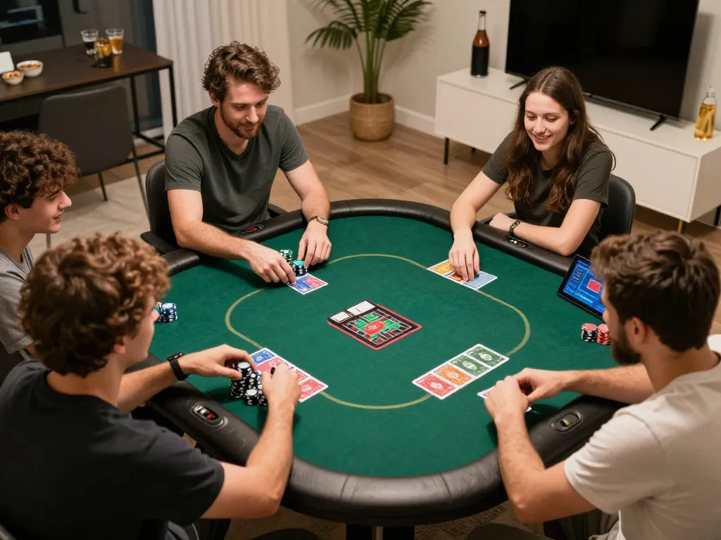 Engaging home poker game showcasing friends strategizing with nhà cái 68win, chips and cards visible