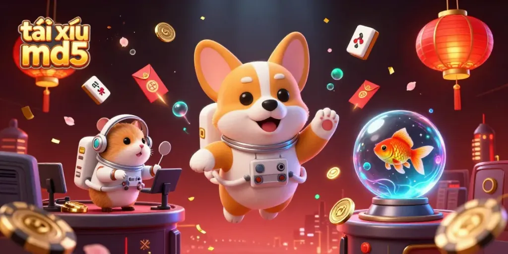 Engage in the excitement of tài xỉu md5 with an animated scene of playful characters in a cosmic casino setting.