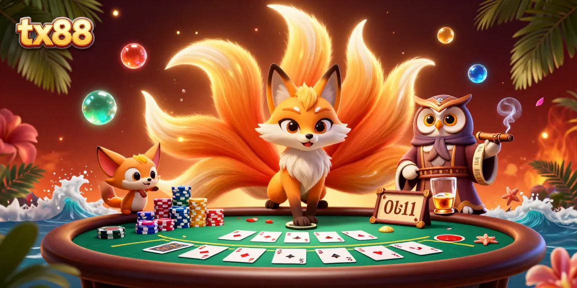 Engage in winning strategies at tx88 with a vibrant scene featuring a nine-tailed fox and a wise owl sage.