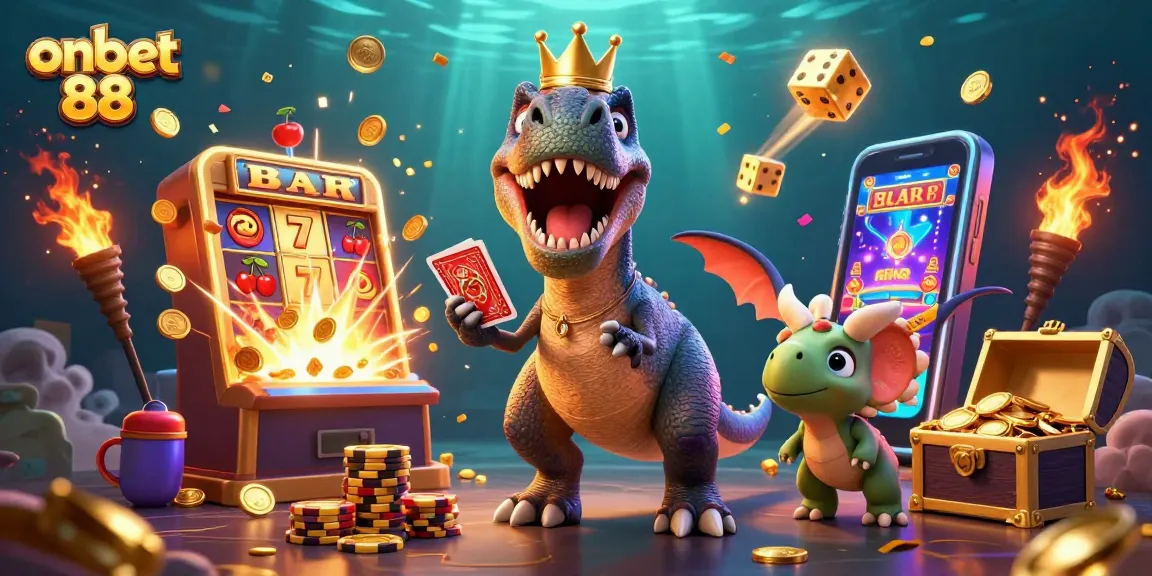 Join the fun at onbet 88 with a golden crown T-Rex shuffling cards and a pterodactyl assistant in a vibrant casino scene.