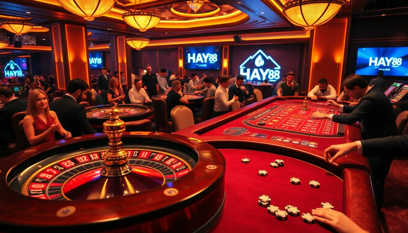 Engaging players at HAY 88 roulette table, excitement of betting captured in a vibrant casino scene.
