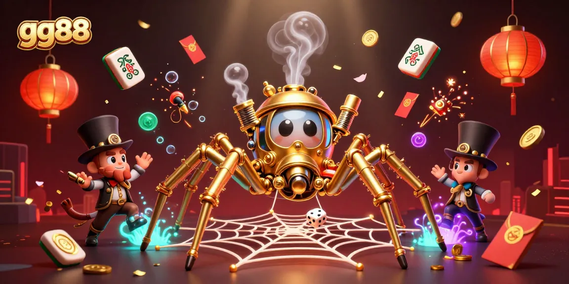 Engage in iconic gambling fun as gg88's steampunk spider captures luck with intricate dice webs.