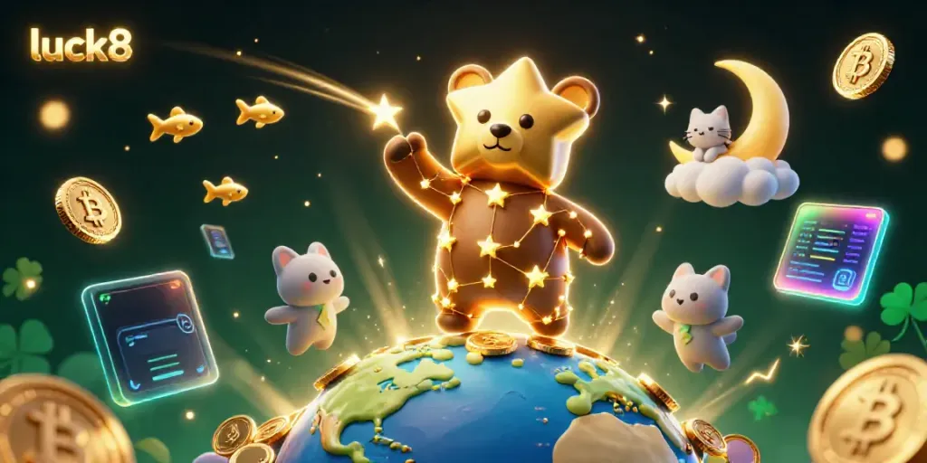 Experience luck8 with a 3D constellation bear scooping coins in a vibrant casino-themed scene.