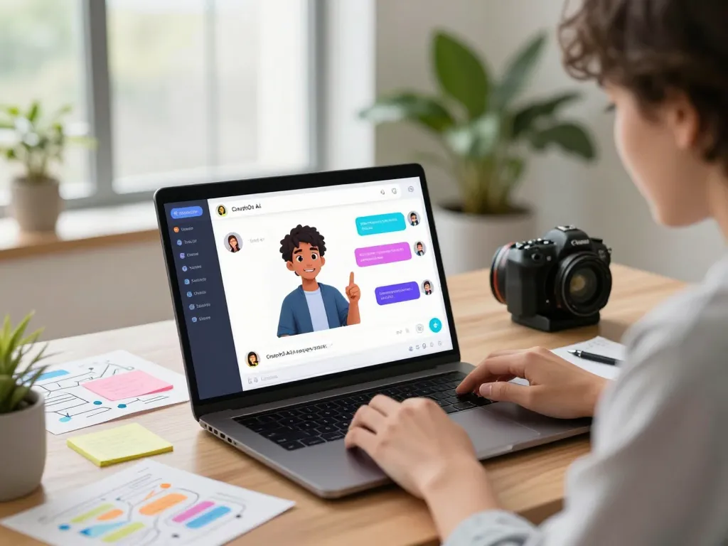 Engaging with CrushOn AI character in a modern workspace, showcasing vibrant chat interactions.