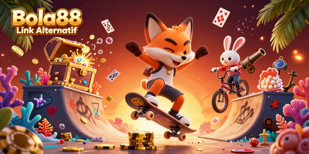 Bola88 Link Alternatif showcases a vibrant 3D illustration with a skateboarder fox and BMX rabbit amid casino-themed elements, promoting fun and engagement.