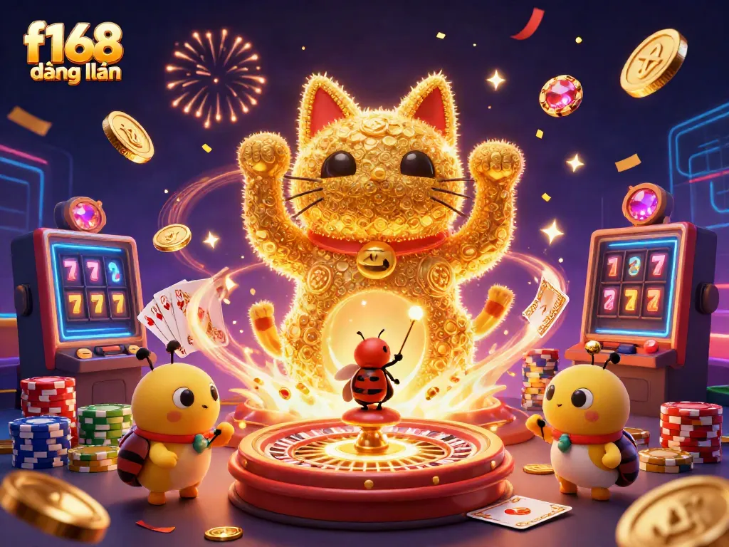 Experience the vibrant f168 đăng nhập scene with a lucky cat, beetle conductor, and dynamic casino elements.