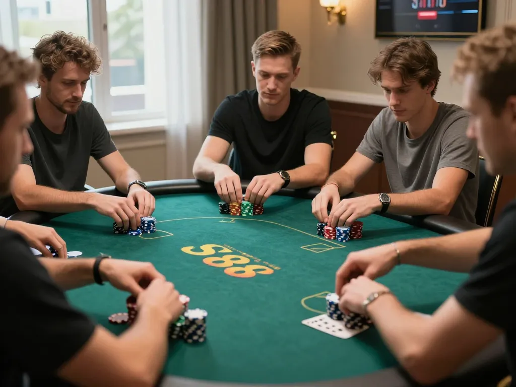 SX88 players engaged in a high-stakes poker game showcasing strategic betting dynamics